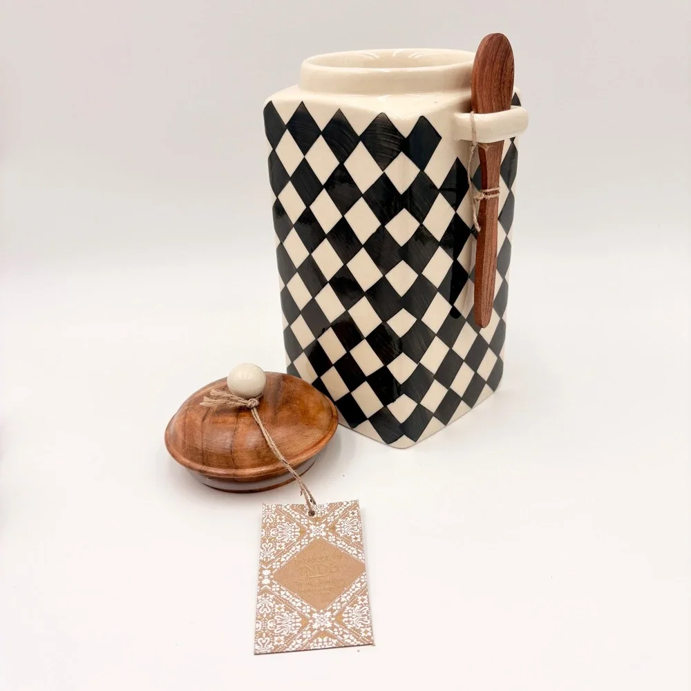 Hand Painted Black White Checkered Ceramic Canister with Wood Lid and Spoon